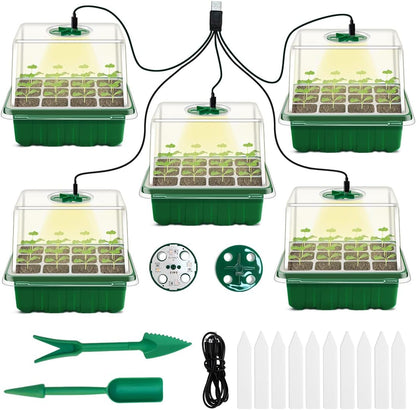 5 Packs Plant Starter Tray Seedling Starter Kit with Humidity Domes Base Indoor Greenhouse Mini Propagator Station for Seeds Growing Starting (12 Cells per Tray)