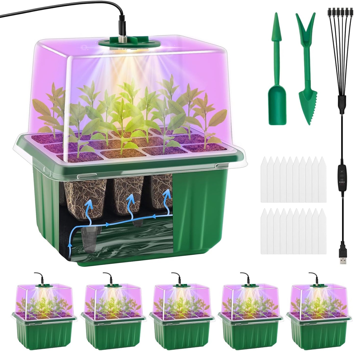 5 Packs Plant Starter Tray Seedling Starter Kit with Humidity Domes Base Indoor Greenhouse Mini Propagator Station for Seeds Growing Starting (12 Cells per Tray)