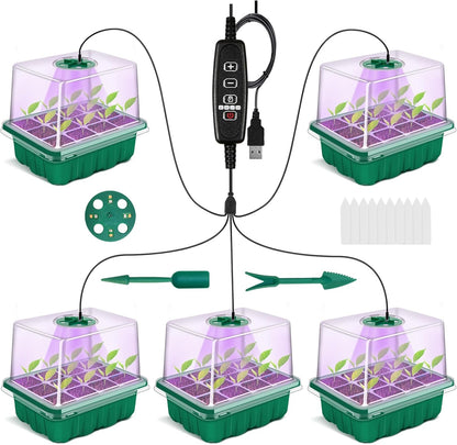 5 Packs Plant Starter Tray Seedling Starter Kit with Humidity Domes Base Indoor Greenhouse Mini Propagator Station for Seeds Growing Starting (12 Cells per Tray)