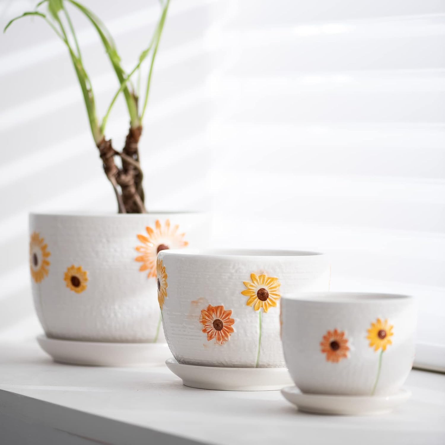 Set of 3 Ceramic Sunflower Flower Pots for Indoor Plants