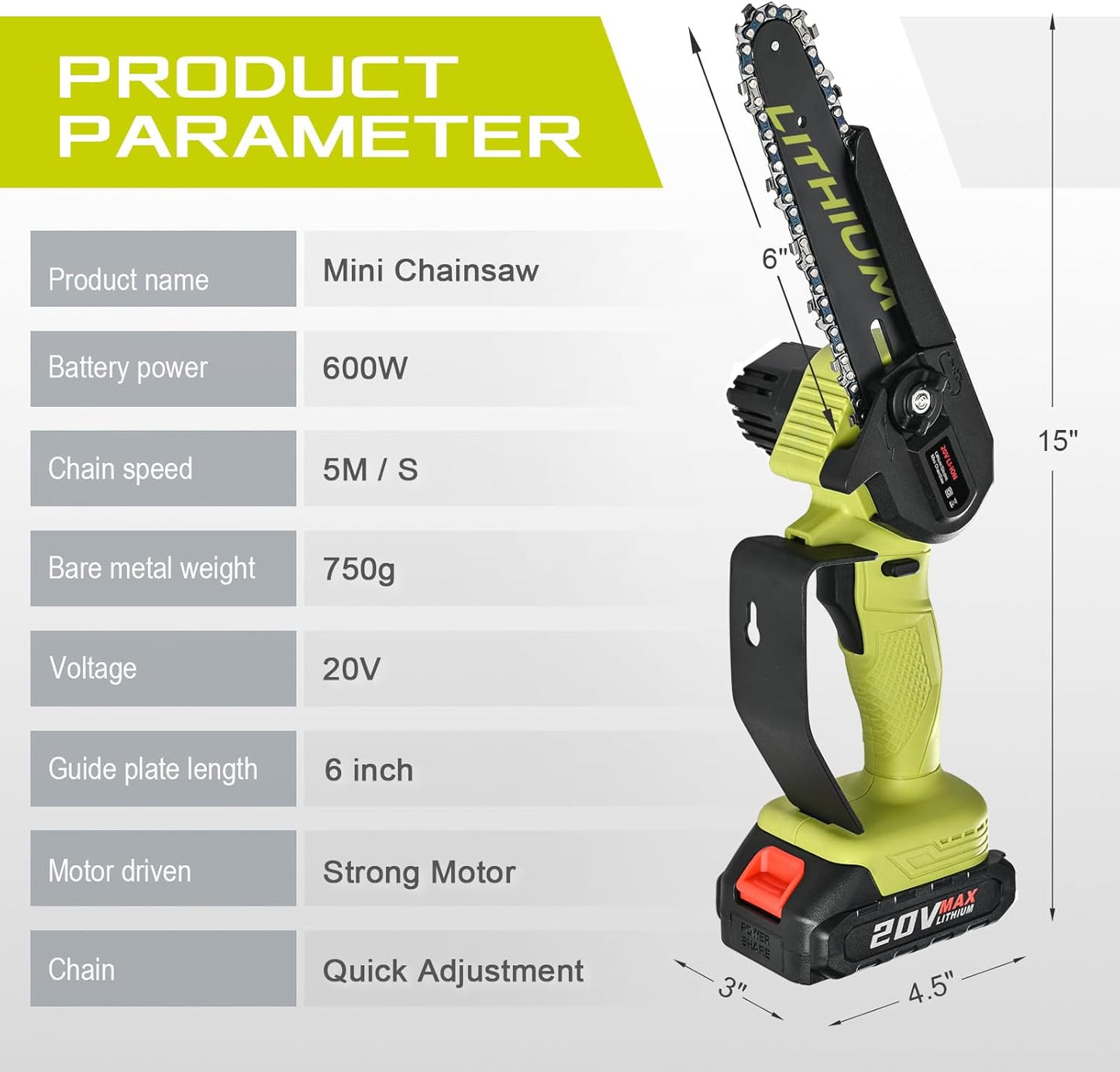 Mini Chainsaw 6 Inch Cordless, 2 Rechargeable Batteries 