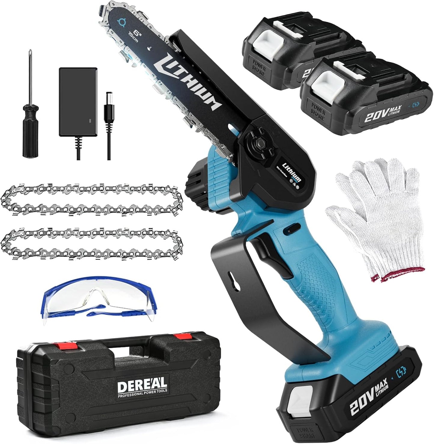 Mini Chainsaw 6 Inch Cordless, 2 Rechargeable Batteries 