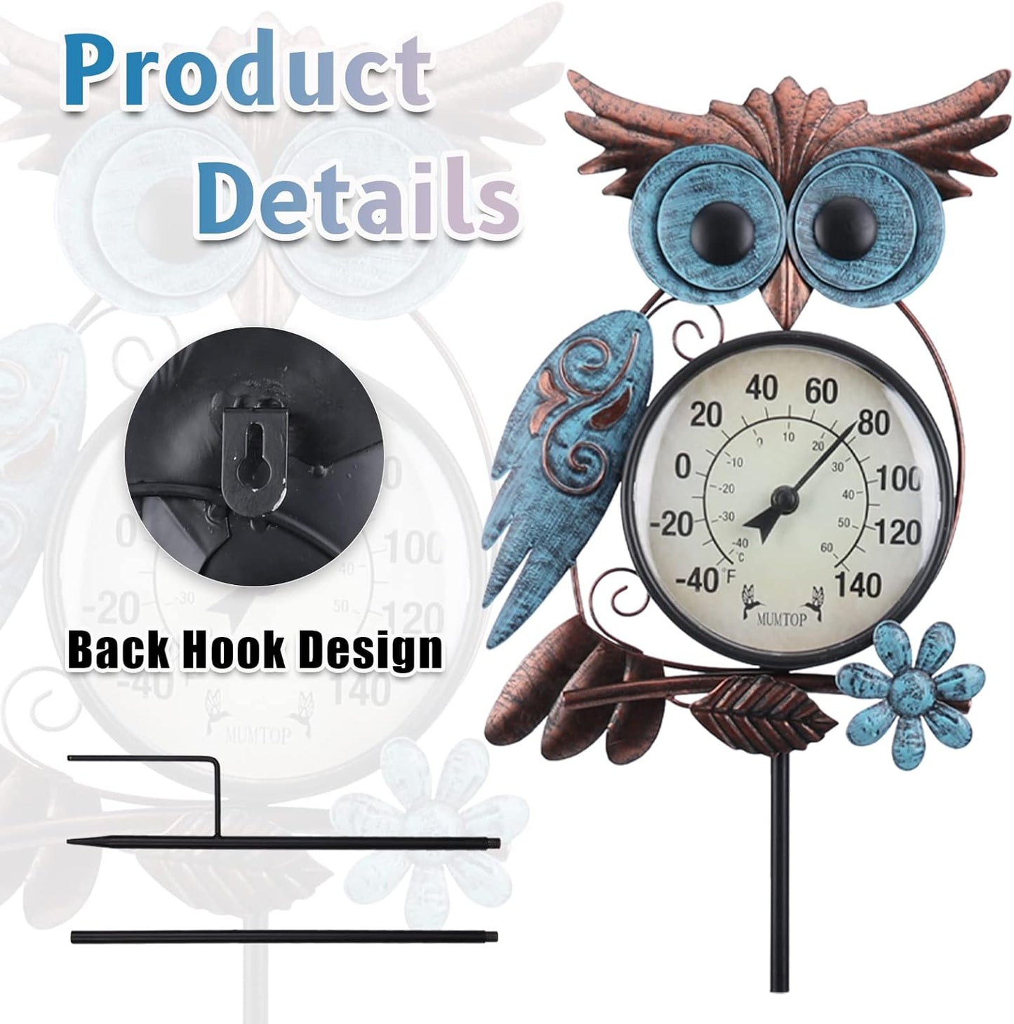 Outdoor Thermometer, 42 Inch Metal Owl Garden Stake outside Wall Thermometer for Patio, Yard and Garden