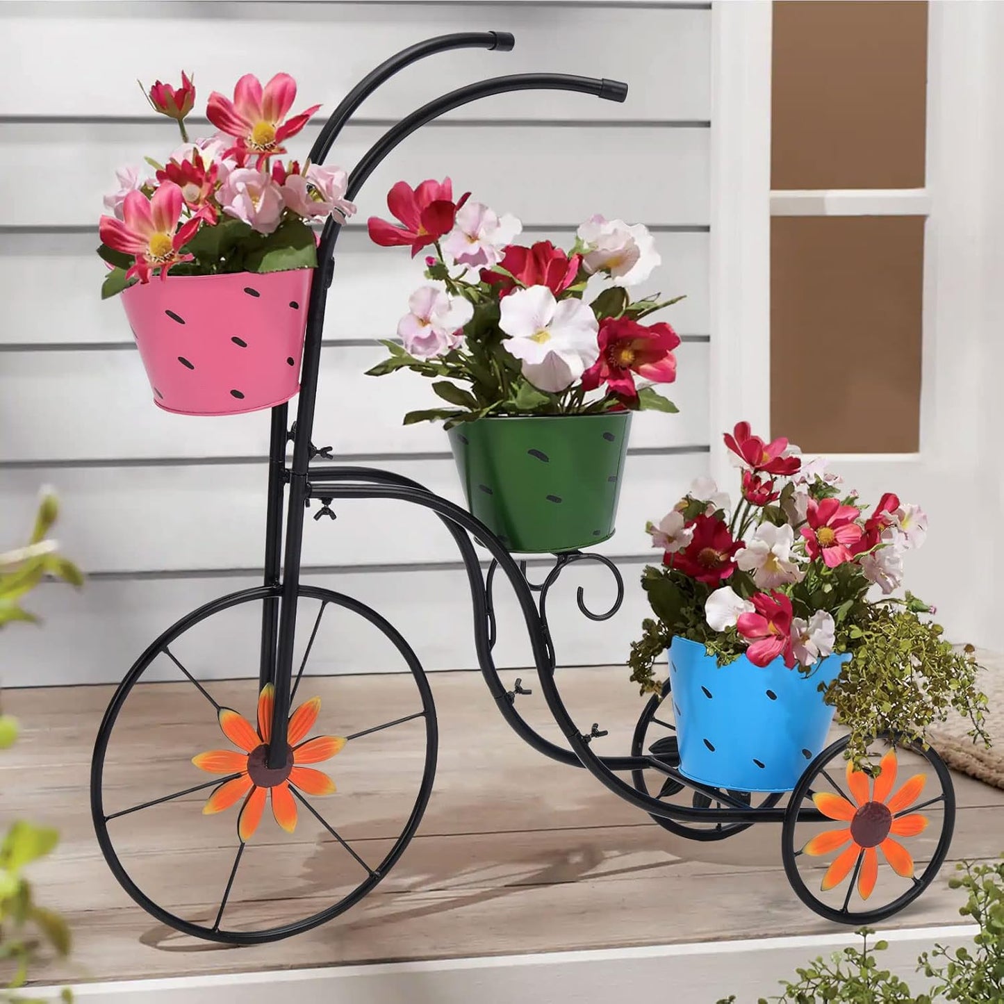 Bicycle Planter Stand/3 Plant Bucket Outdoor Decorative