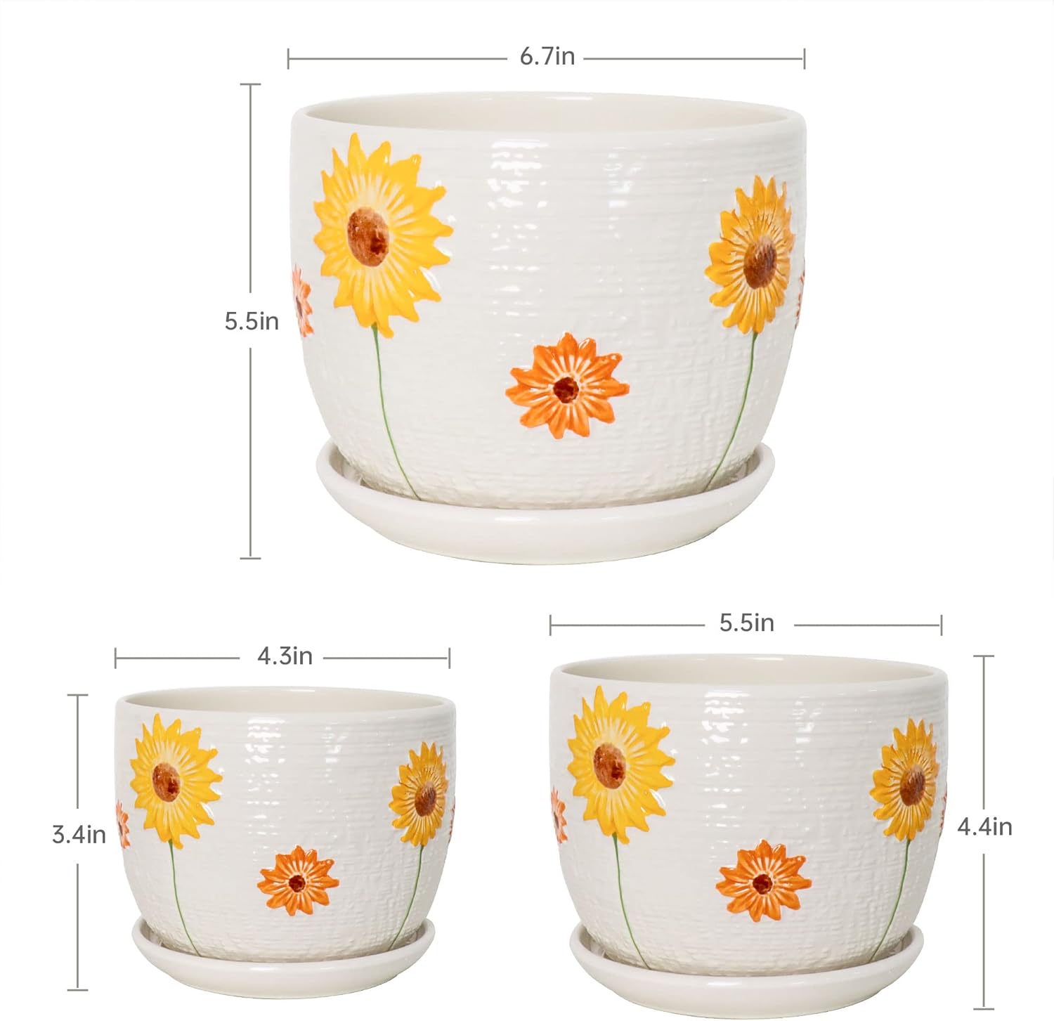 Set of 3 Ceramic Sunflower Flower Pots for Indoor Plants