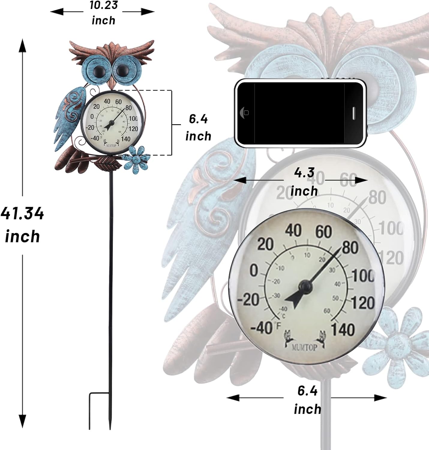 Outdoor Thermometer, 42 Inch Metal Owl Garden Stake outside Wall Thermometer for Patio, Yard and Garden