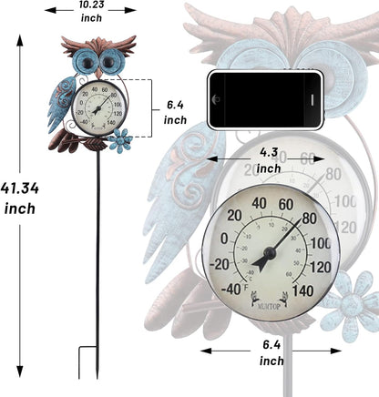 Outdoor Thermometer, 42 Inch Metal Owl Garden Stake outside Wall Thermometer for Patio, Yard and Garden