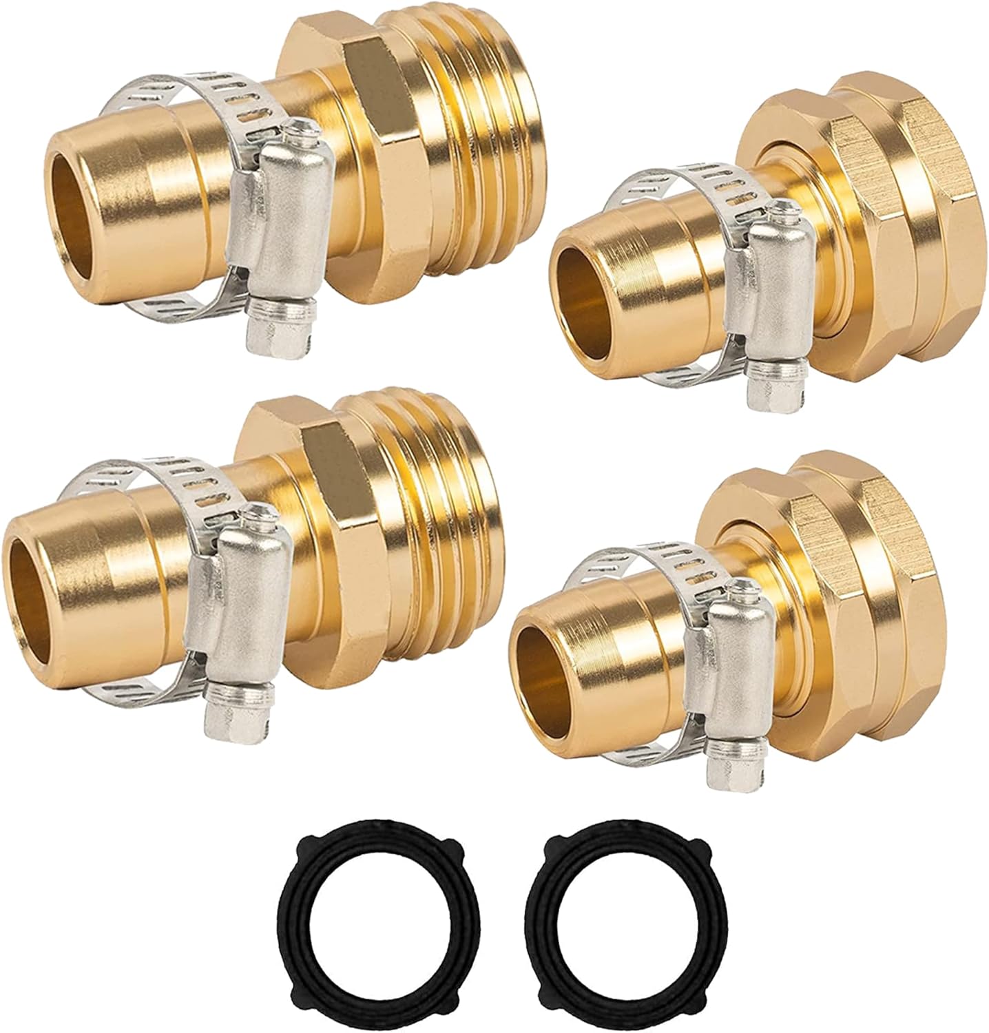 Garden Hose Repair Connector with Clamps, Fit for 3/4" or 5/8" Aluminum Garden Hose Fitting, Male and Female Hose Fittings, 2 Sets