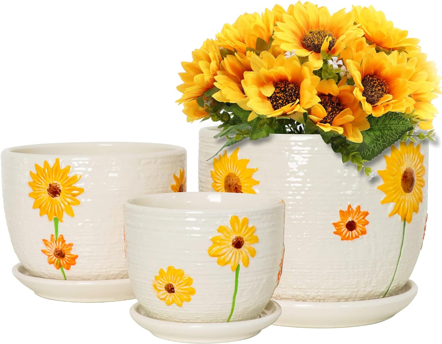 Set of 3 Ceramic Sunflower Flower Pots for Indoor Plants