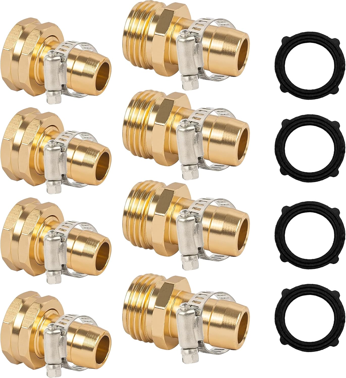 Garden Hose Repair Connector with Clamps, Fit for 3/4" or 5/8" Aluminum Garden Hose Fitting, Male and Female Hose Fittings, 2 Sets