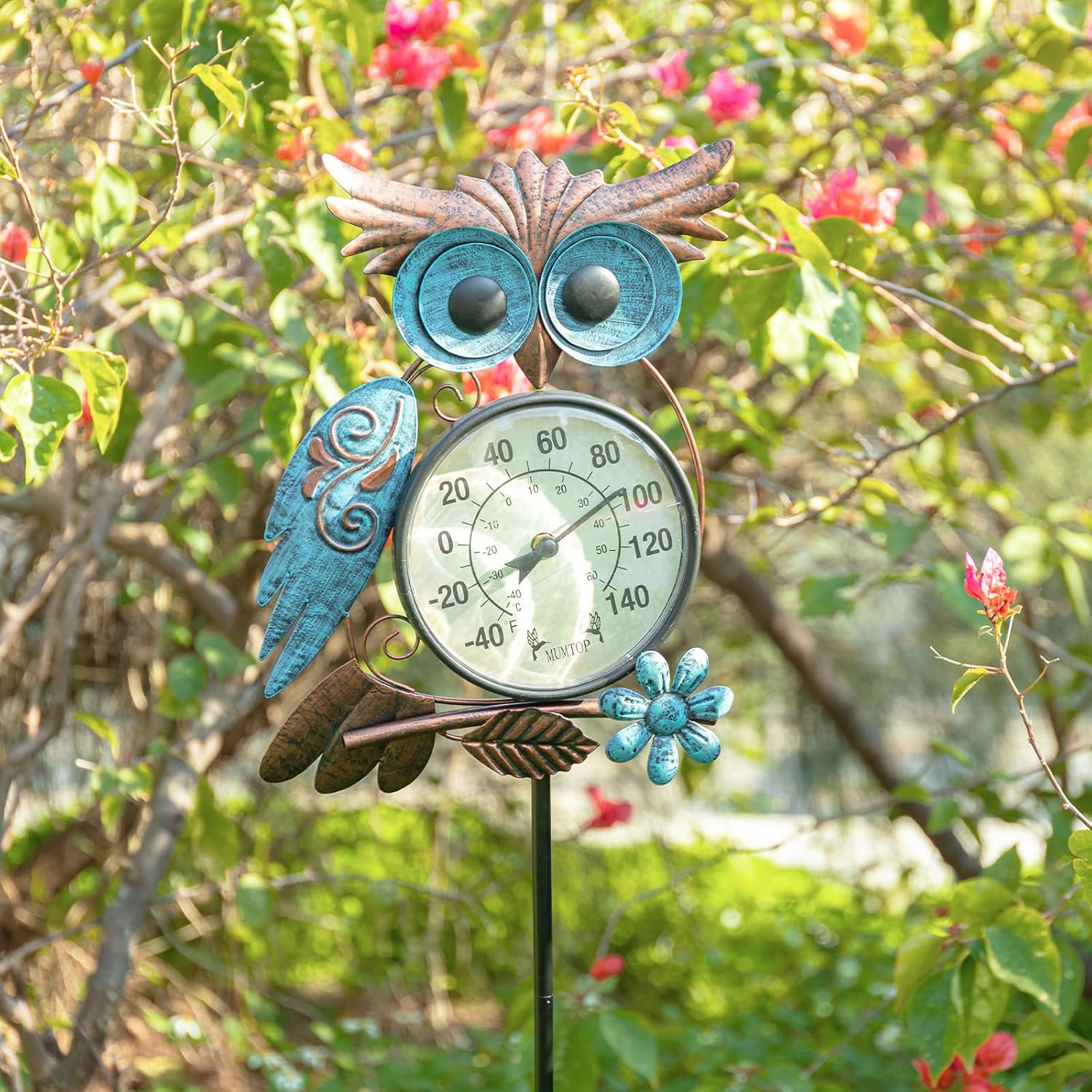 Outdoor Thermometer, 42 Inch Metal Owl Garden Stake outside Wall Thermometer for Patio, Yard and Garden