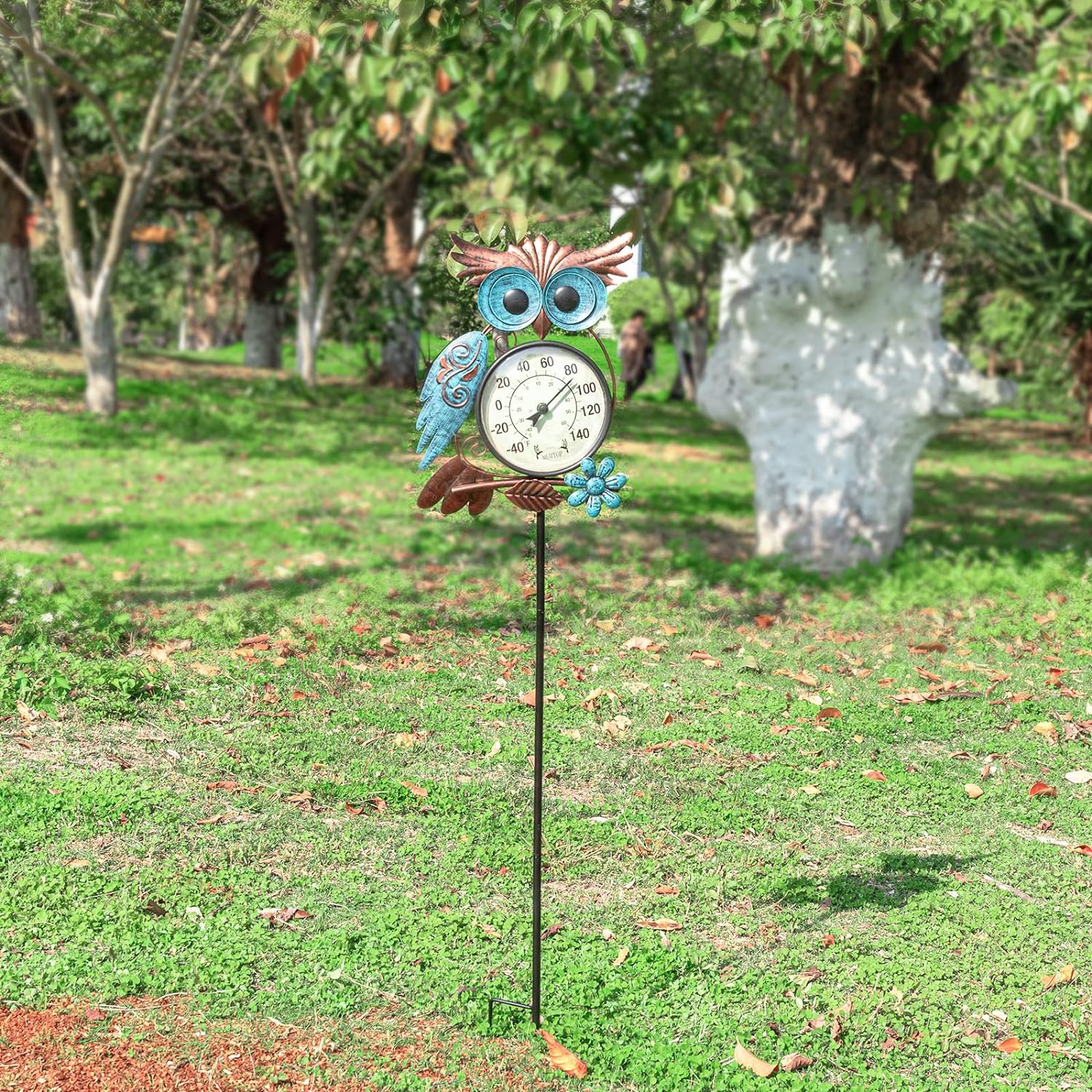 Outdoor Thermometer, 42 Inch Metal Owl Garden Stake outside Wall Thermometer for Patio, Yard and Garden